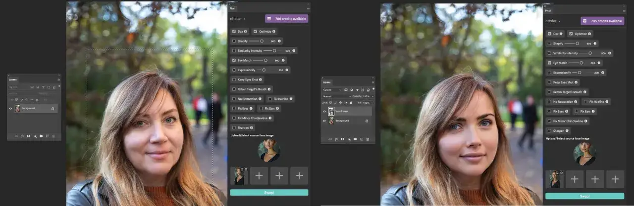 Interfaz de edici&oacute;n de rostros con opciones de mejora, similar a plugins Photoshop gratis. Muestra un rostro y controles para retocarlo.