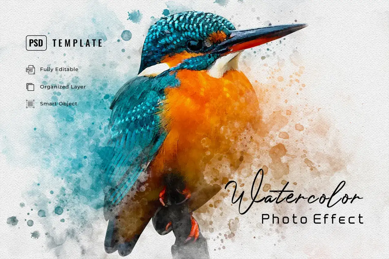 Plantilla PSD para pasar foto a acuarela. Un martín pescador vibrante con salpicaduras de color.