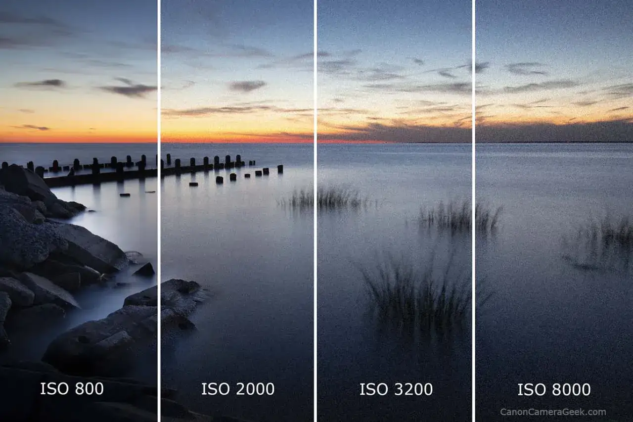 Comparación de fotos con ruido: ISO 800, 2000, 3200 y 8000 en un paisaje marino al atardecer.