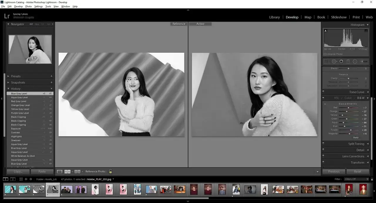 Una mujer posa en Lightroom, mostrando c&oacute;mo se ajusta el color. Lightroom que es, una herramienta para fot&oacute;grafos.