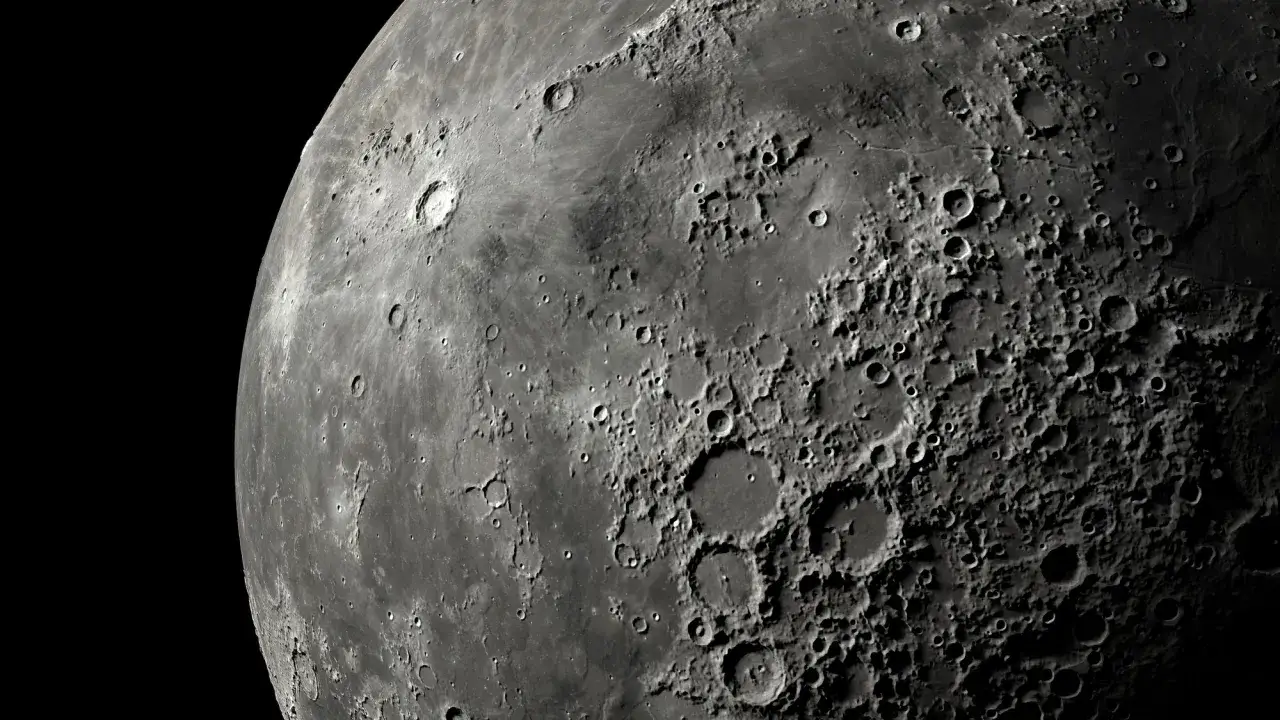 Primer plano de la Luna, mostrando su superficie llena de cráteres. Los parámetros de esta foto lunar revelan detalles de su geología.