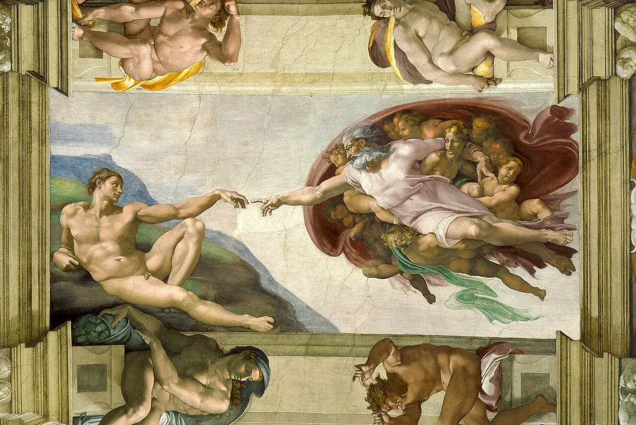 La Creación de Adán, obra maestra de los estilos pictóricos renacentistas, muestra a Dios dando vida a Adán con un toque de dedos.