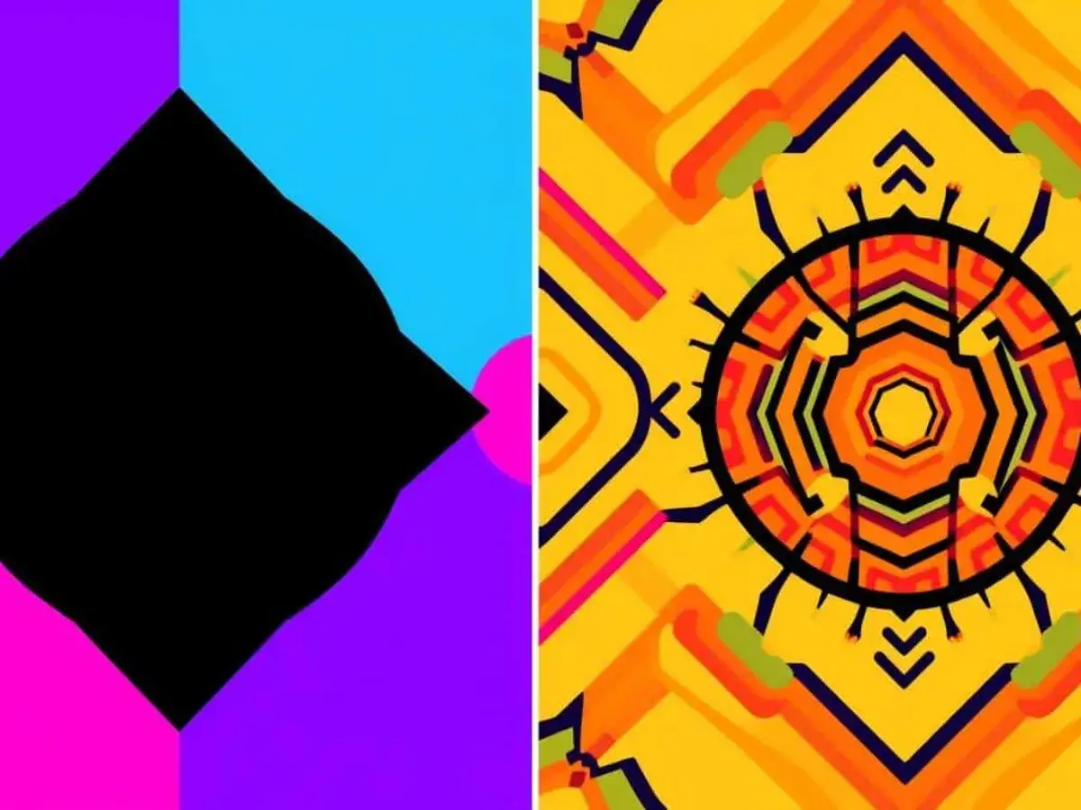 Dos imágenes abstractas. Izquierda: formas geométricas en negro, azul, morado y rosa. Derecha: un patrón vibrante de la Gestalt en amarillo, naranja y rojo.