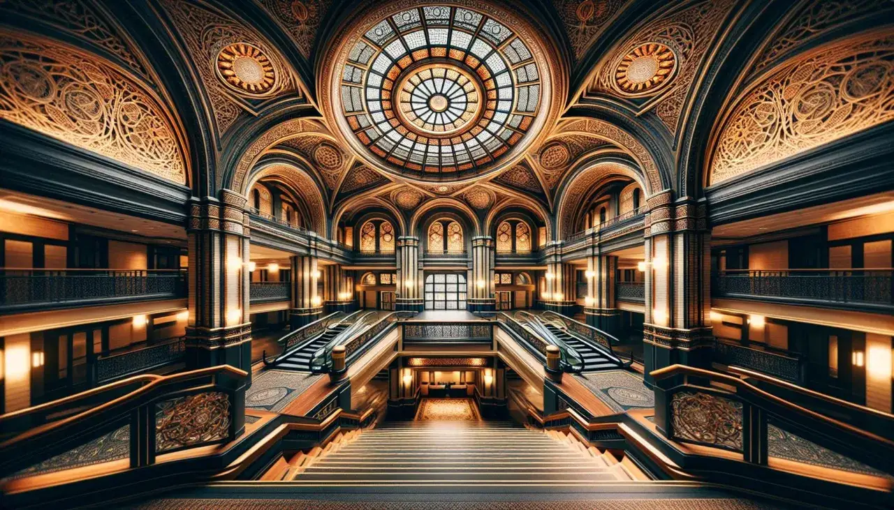 Impresionante interior con escaleras y escaleras mecánicas, cúpula de cristal y ornamentación dorada. Las fotos simétricas resaltan la arquitectura grandiosa.