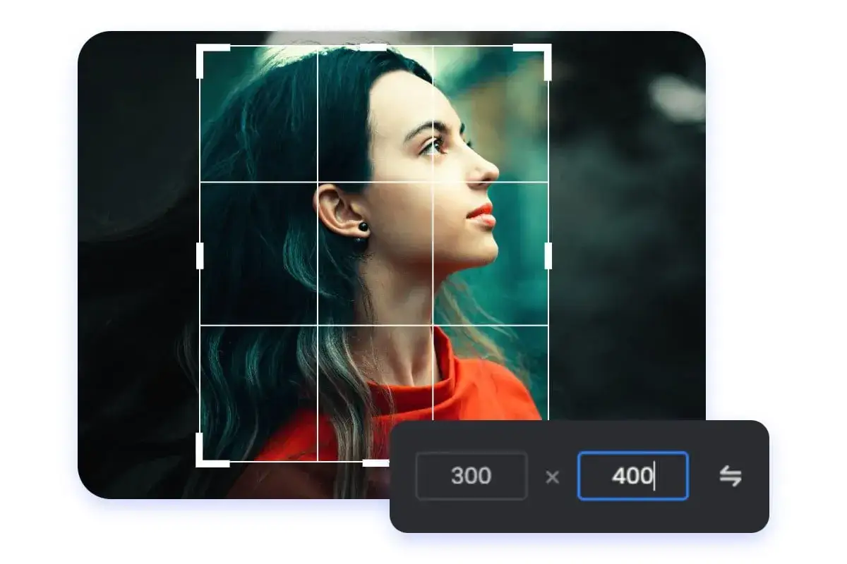 Interfaz para recortar imagen, mostrando el perfil de una mujer y un cuadro de diálogo para ajustar los píxeles a 300x400.