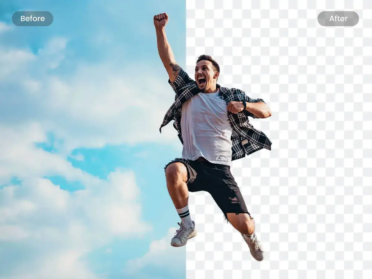 Hombre saltando de alegr&iacute;a, con el pu&ntilde;o en alto. La imagen muestra el proceso de recortar una persona de una foto, dejando un fondo transparente.