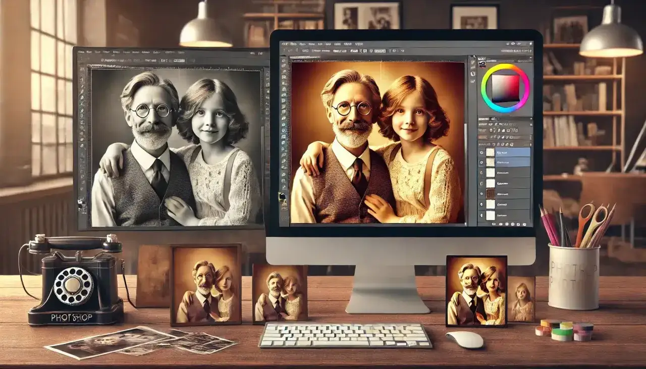 Un hombre y una niña son editados en Photoshop, creando un efecto de color sepia.