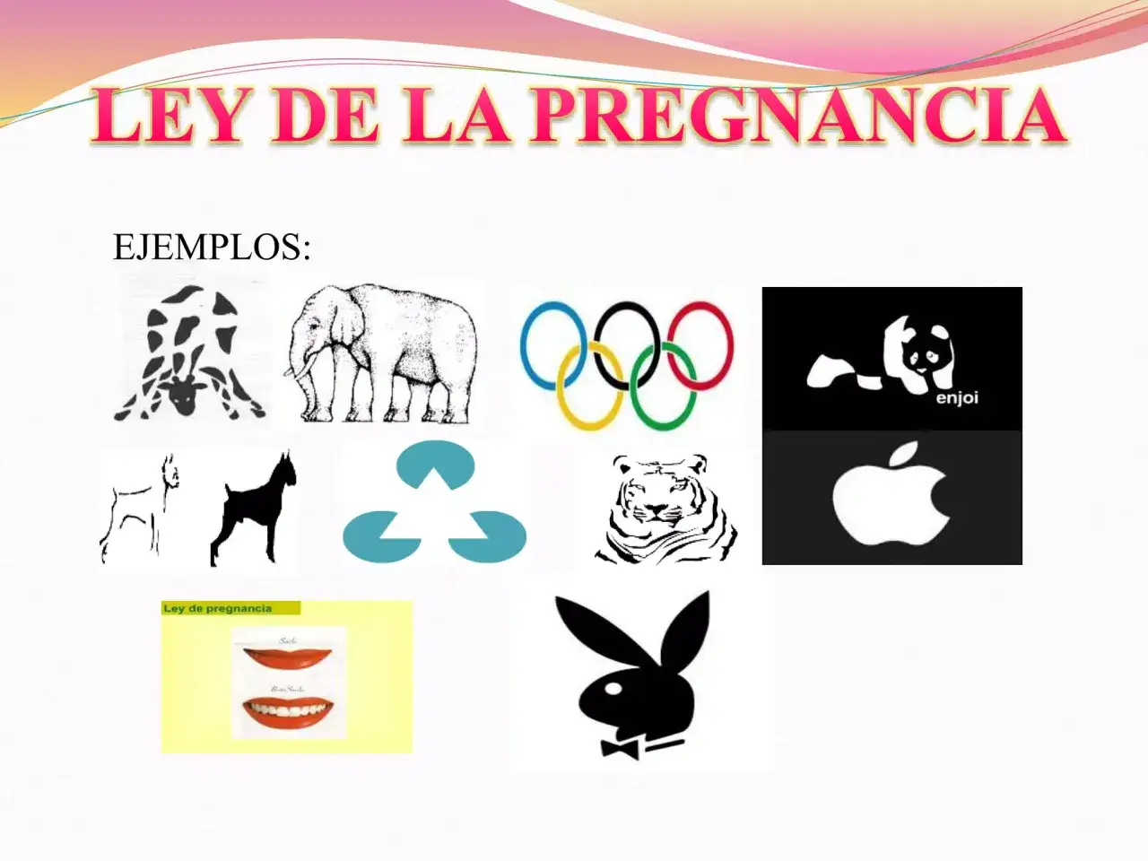 Ejemplos de la ley de pregnancia o buena forma: jirafa, elefante, aros olímpicos, panda, perros, tigre, labios, conejo y manzana.