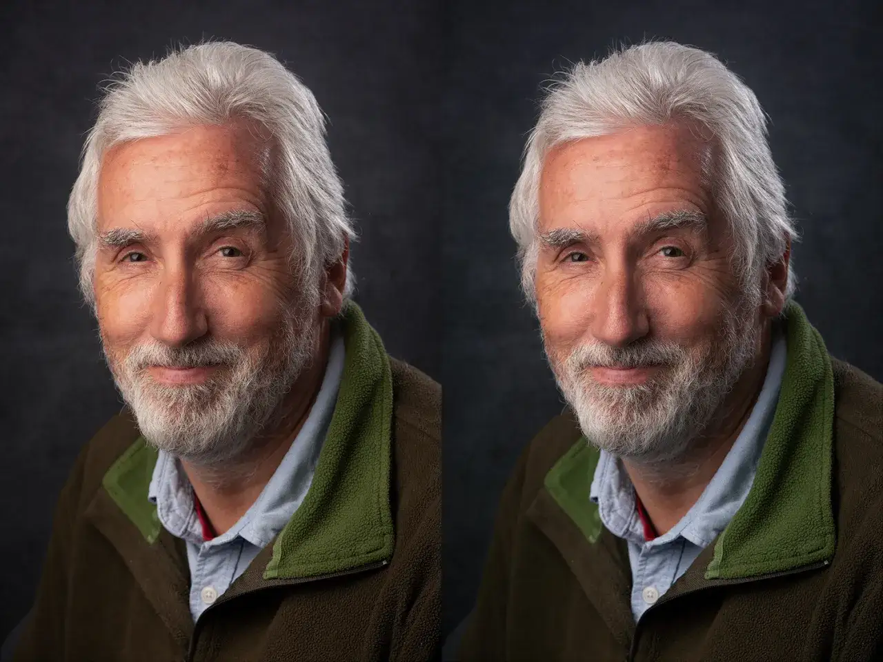 Retrato de hombre mayor con barba gris, ajustado el balance de blancos en Photoshop para un tono natural.