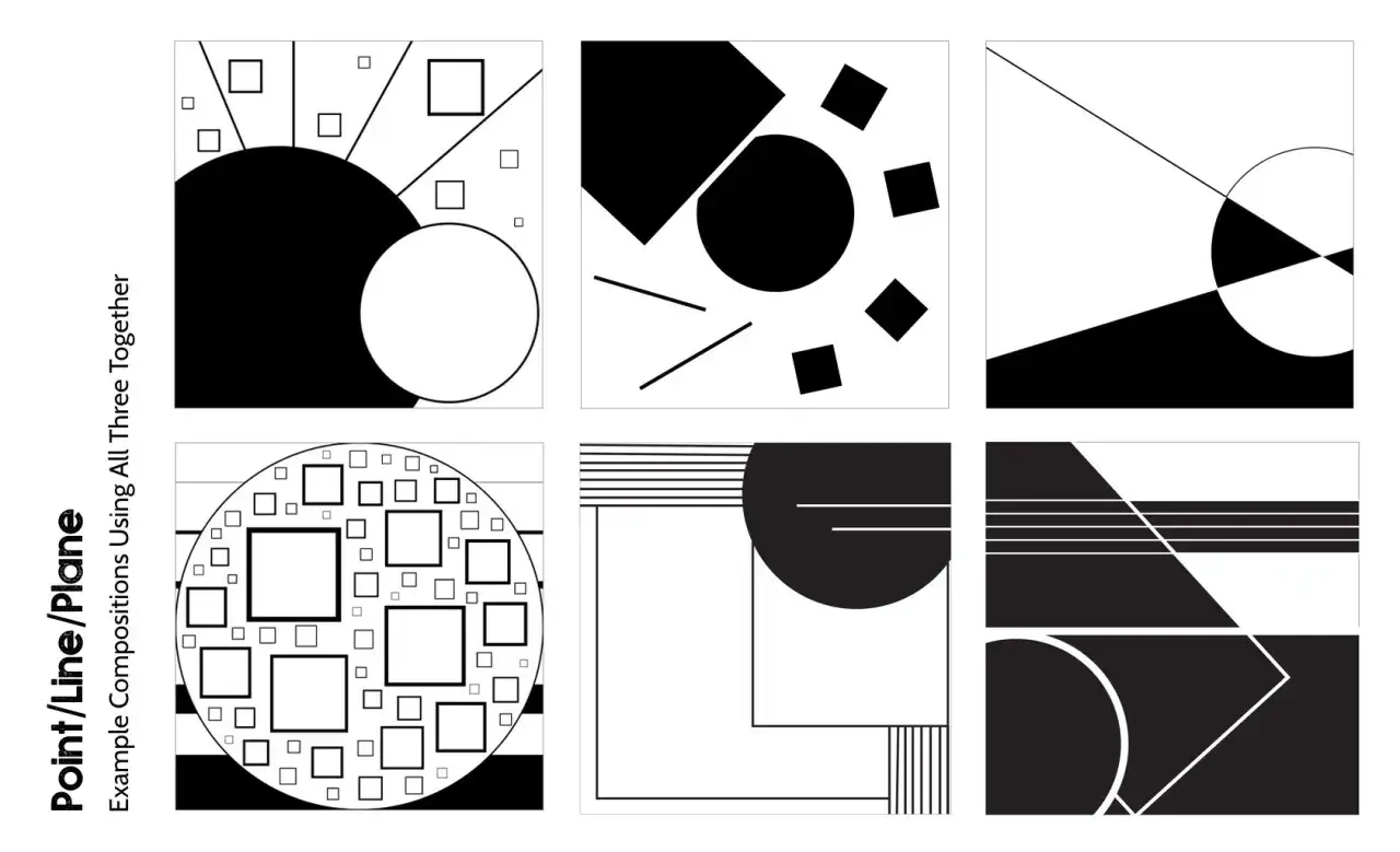 Composiciones abstractas explorando el punto, línea y plano con formas geométricas en blanco y negro.