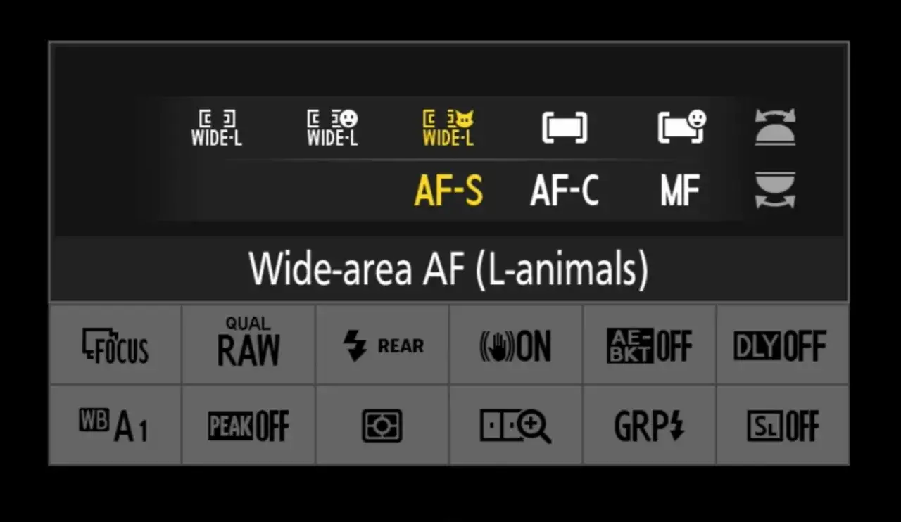 Menú de cámara: Wide-area AF (L-animals) con opciones AF-S, AF-C, MF. Elige entre ai servo vs ai focus para capturar la acción.