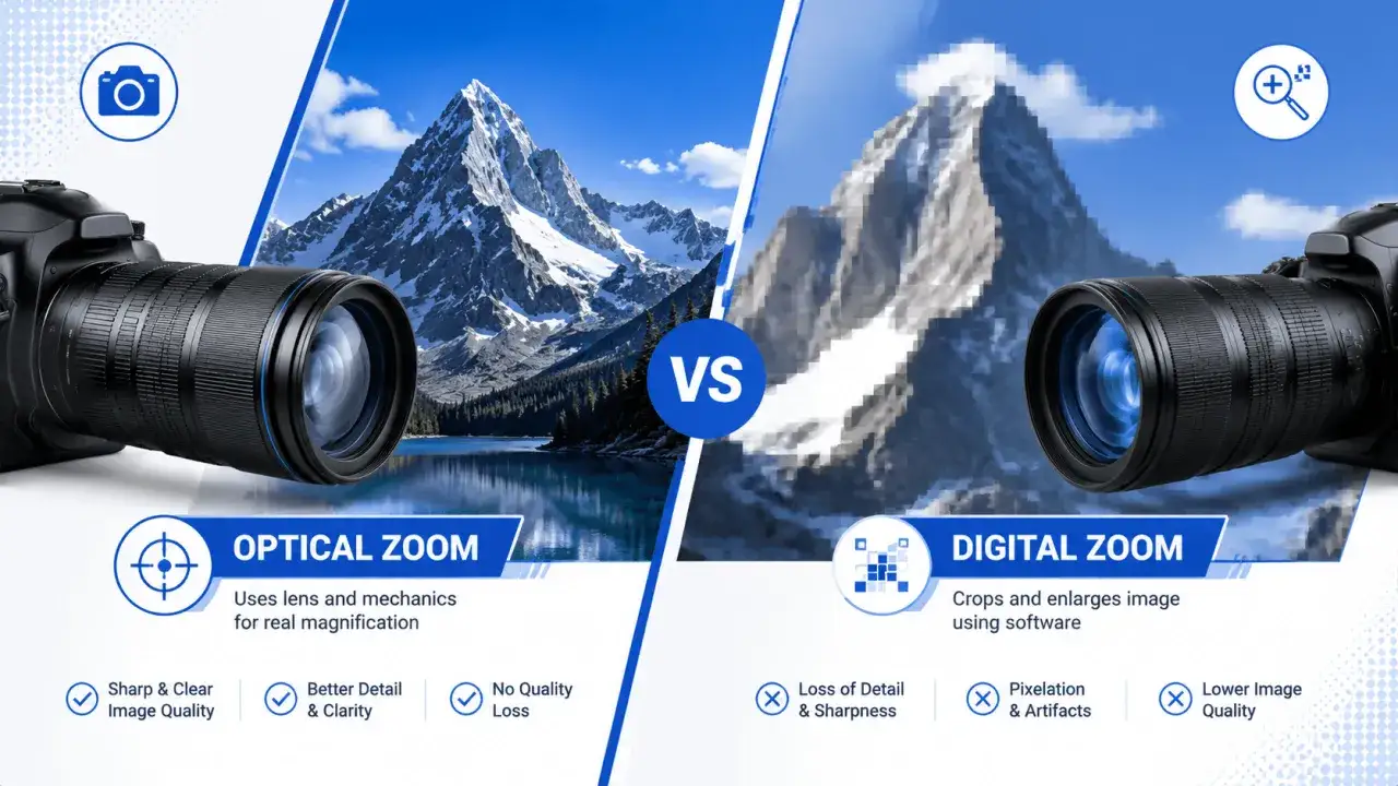 Comparación entre zoom óptico y zoom digital. El zoom digital pixela la imagen, perdiendo detalle y calidad.