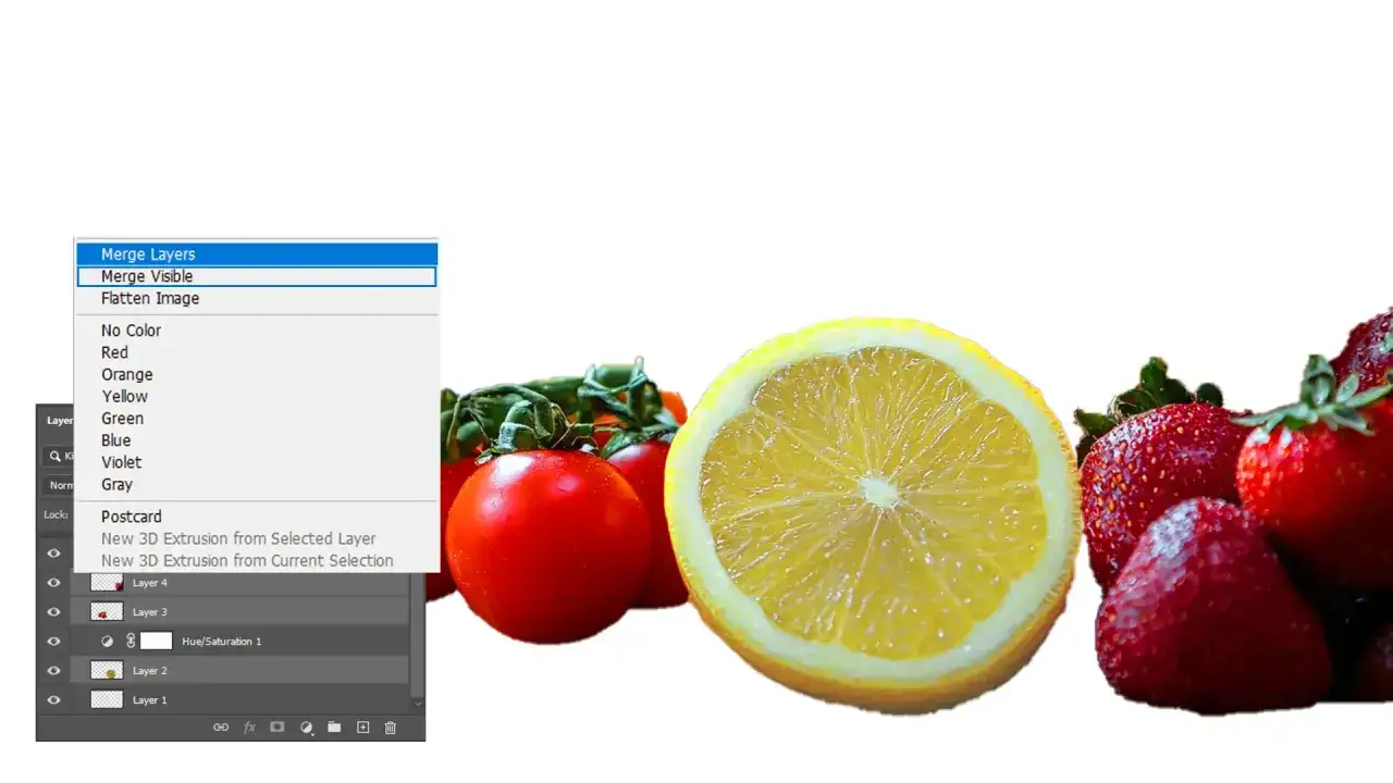 Menú de Photoshop para fusionar capas, con tomates, limón y fresas al lado.
