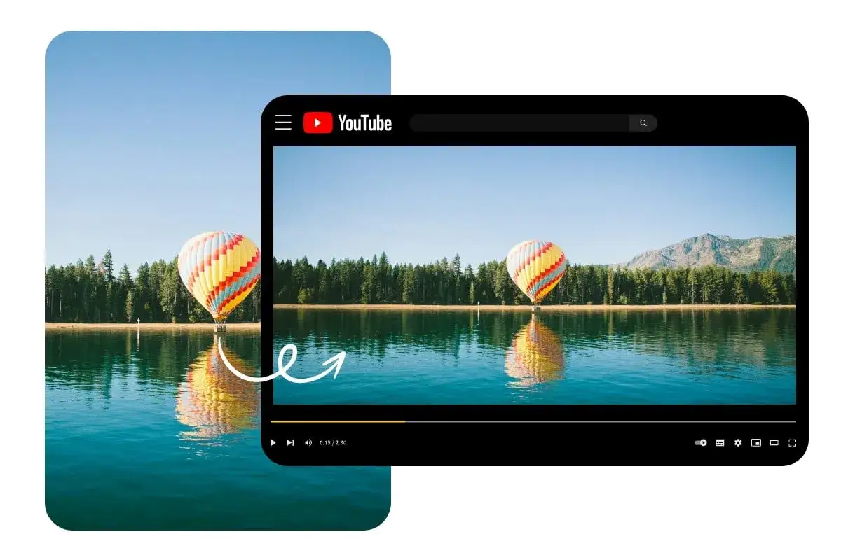 Un globo aerost&aacute;tico sobre un lago, reflejado en el agua. Una flecha blanca indica c&oacute;mo hacer una foto m&aacute;s peque&ntilde;a en la pantalla de YouTube.