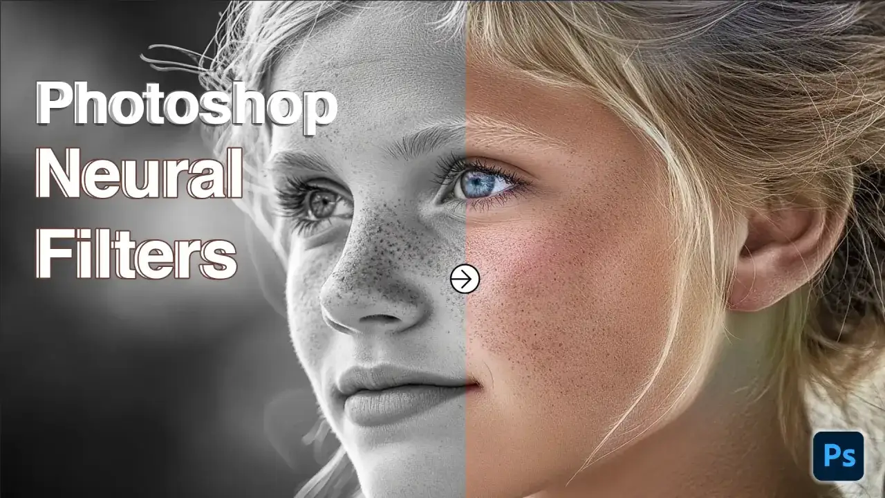 La mitad izquierda muestra un rostro en blanco y negro con pecas. La mitad derecha, realzada con neural filters Photoshop, muestra el mismo rostro con color, piel sonrosada y ojos azules vibrantes.