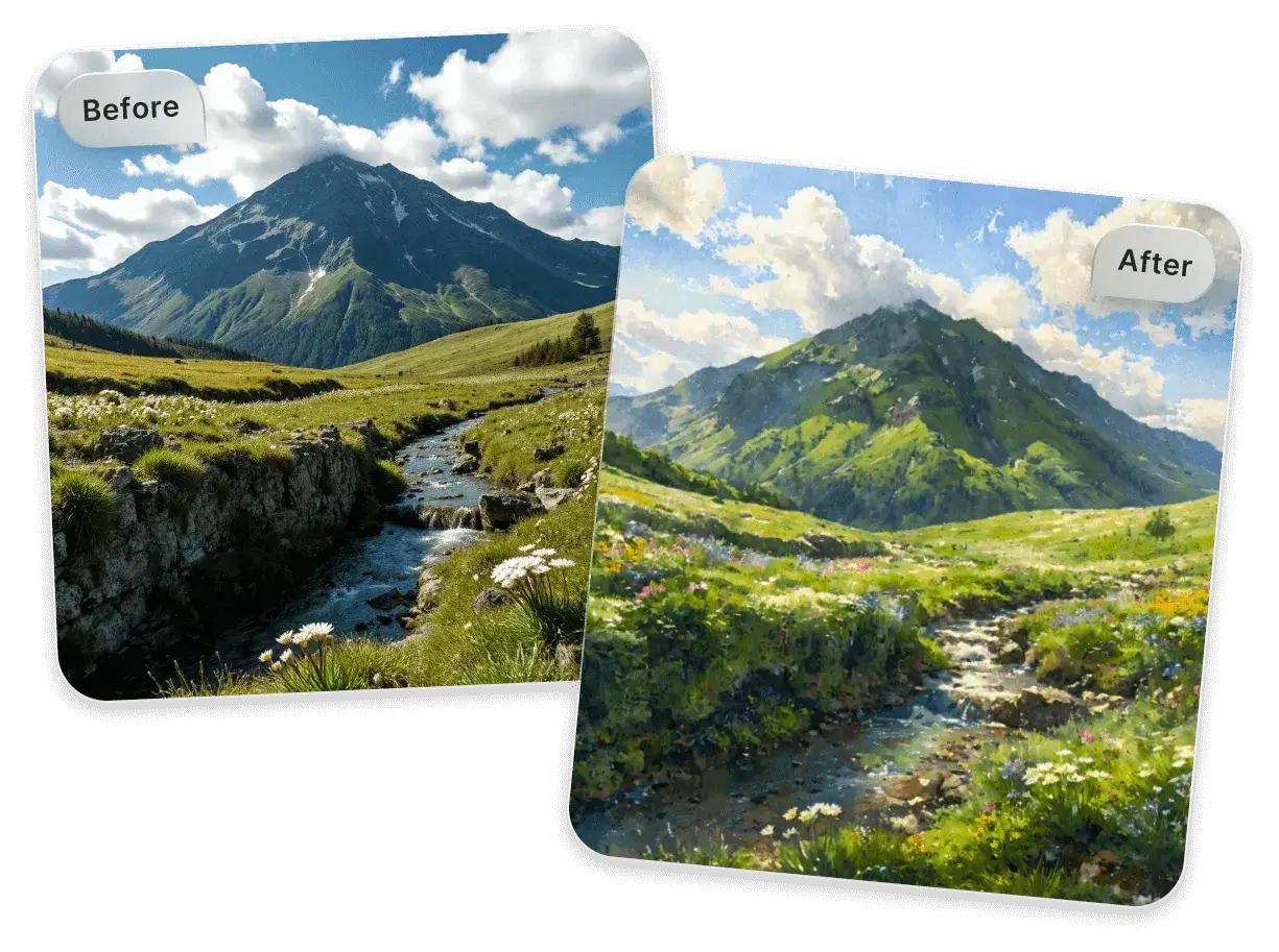 Paisaje de monta&ntilde;a con r&iacute;o y flores, transformado con un hermoso efecto acuarela online.