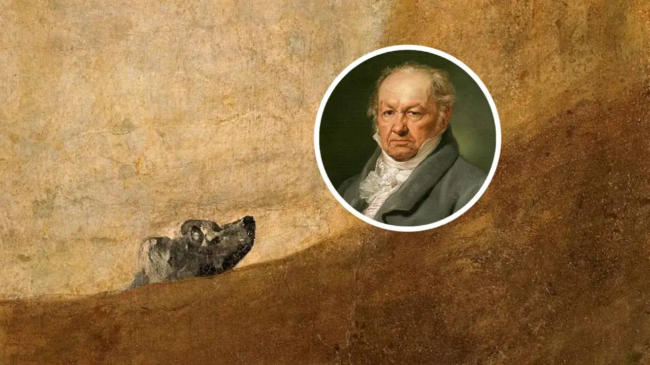 El perro de Goya, con su cabeza asomando, parece contemplar al pintor en un retrato circular.