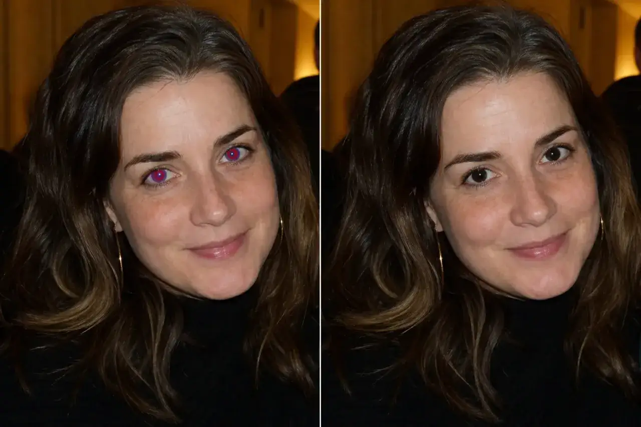 Comparación de fotos: una mujer con ojos rojos y otra con ojos normales. Herramienta para quitar ojos rojos fotos.