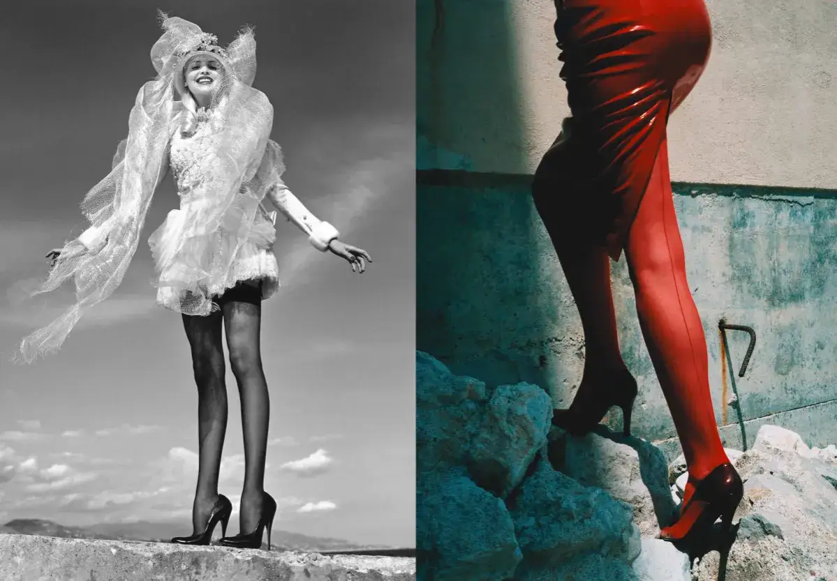 Dos imágenes icónicas de Guy Bourdin: una mujer etérea con un vestido blanco y velos, y otra con un vestido rojo de látex y medias rojas.
