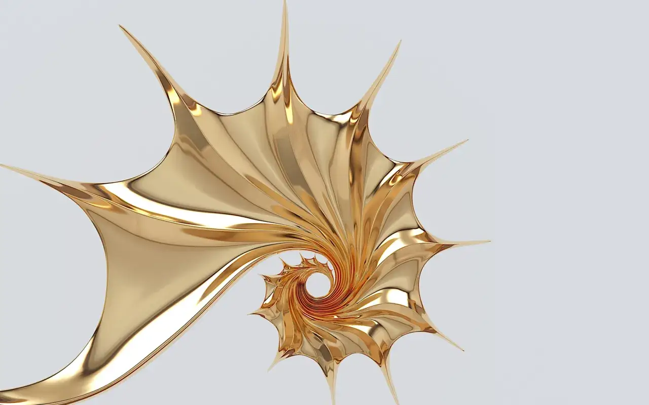 Espiral dorada que evoca la medida aurea, con pliegues fluidos y puntas afiladas sobre fondo blanco.