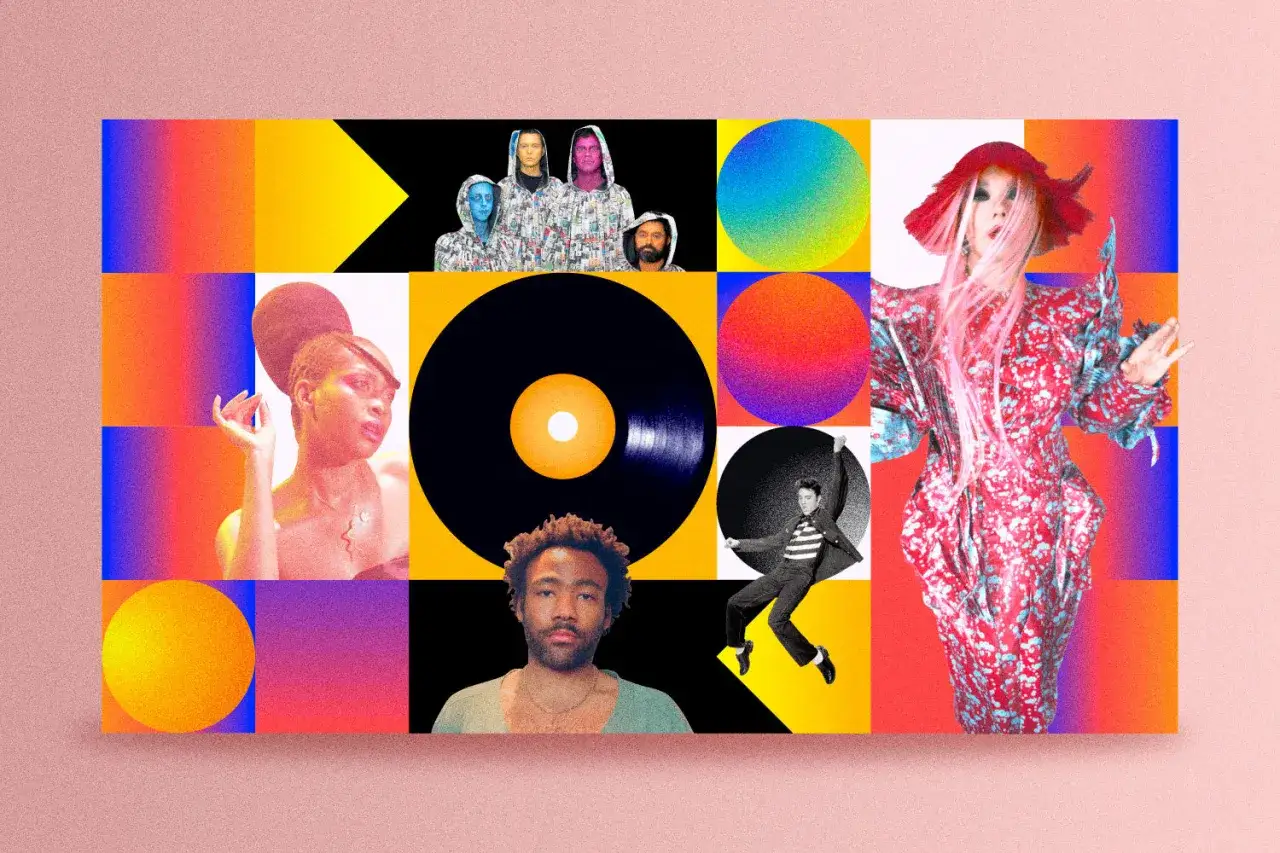 Collage vibrante con imágenes de artistas y discos de vinilo, evocando las mejores portadas de discos.