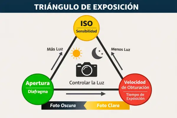 Diagrama del triángulo de exposición: ISO, apertura y velocidad de obturación. La apertura controla la luz para una fotografía.