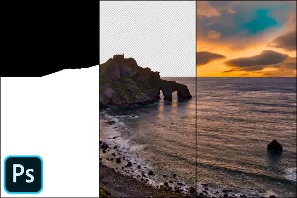 Imagen dividida: costa rocosa con arco, mar y cielo al atardecer. Se muestra el logo de Photoshop y una **máscara de capa** en proceso.