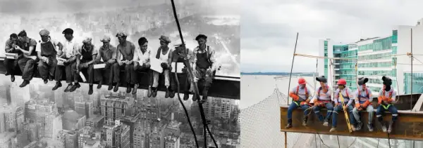 Obreros en Nueva York, una foto icónica de trabajadores almorzando en una viga, comparada con obreros modernos en una obra.