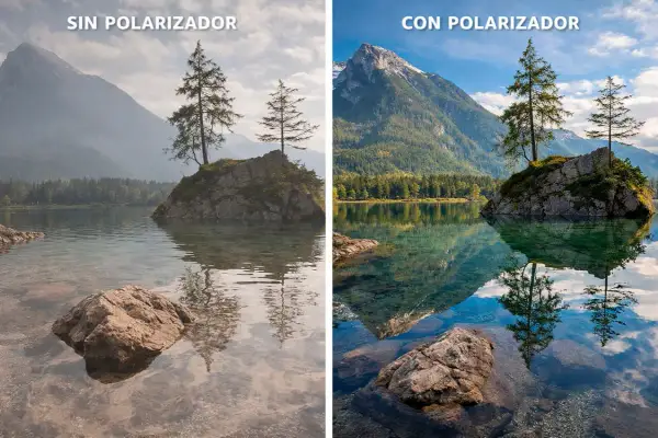 Comparación de paisaje de lago: sin polarizador (izq.) con reflejos apagados y bruma; con polarizador CPL (der.) para que sirve: realza colores, cielos y reflejos nítidos.
