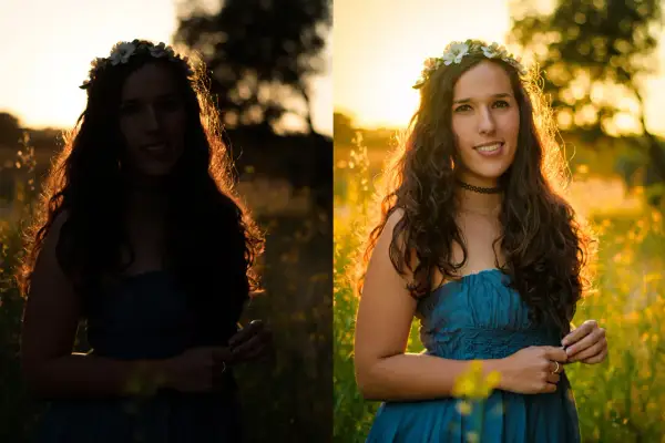 Comparación de fotografía: lado izquierdo con sobreexposición, lado derecho con luz dorada y detalles visibles.