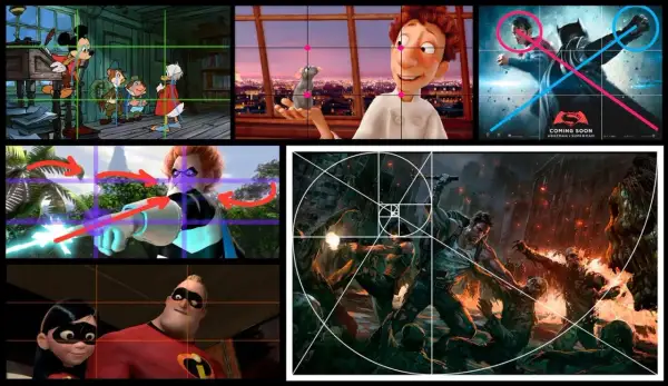 Composiciones visuales de películas y arte, algunas con guías de cuadrícula y espiral de Fibonacci, mostrando cómo romper las reglas de la composición para crear impacto.