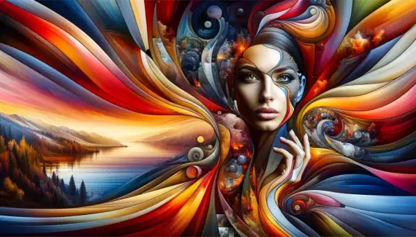 Un rostro femenino emerge de un torbellino de colores vibrantes que se funden con un paisaje de montaña y lago. Cada detalle, un punto de inspiración.