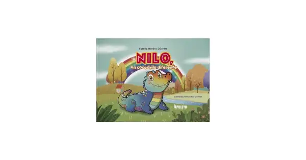 Nilo, un cocodrilo diferente, sonríe bajo un arcoíris. La portada del libro de Estela Merino Gómez muestra un paisaje colorido.