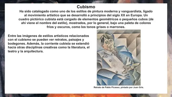 Retrato cubista de Pablo Picasso por Juan Gris, ejemplo de los estilos pictóricos vanguardistas del siglo XX, con formas geométricas y paleta de grises.
