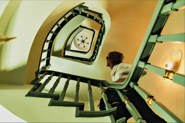 Vista en plano nadir de una escalera de caracol con una mujer mirando hacia arriba.