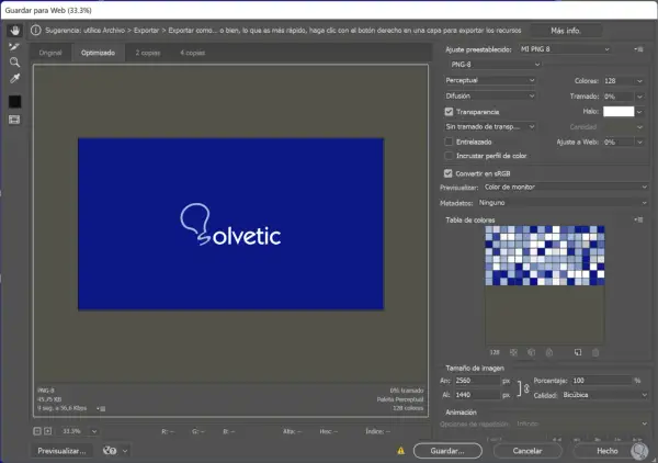 Ventana "Guardar para Web" en Photoshop, mostrando opciones para mejorar calidad de imagen photoshop, como ajustes de transparencia y tamaño.