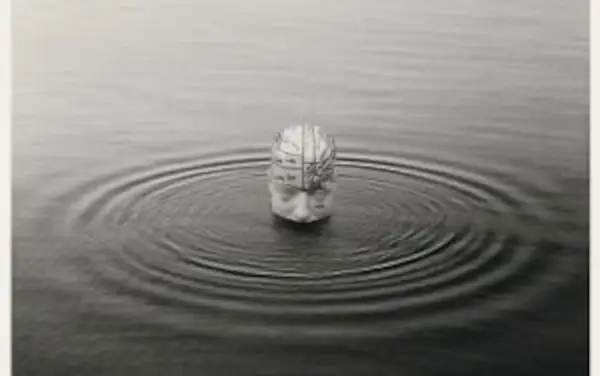 Una cabeza humana con un mapa cerebral emerge del agua, creando ondas concéntricas. Una de las icónicas chema madoz fotos.