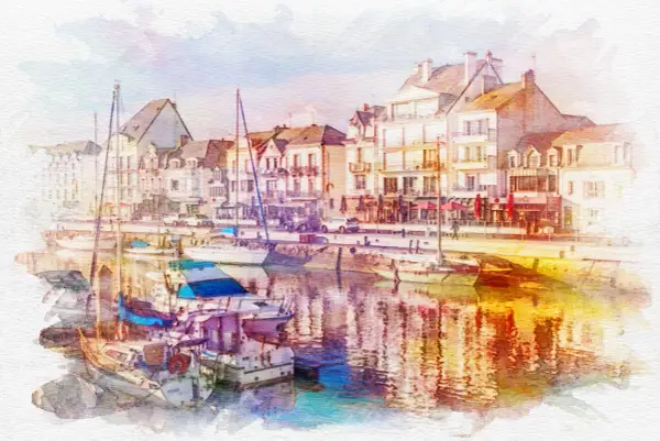 Un puerto con veleros atracados, edificios de estilo europeo y reflejos vibrantes en el agua, como si hubieran decidido pasar foto a acuarela.