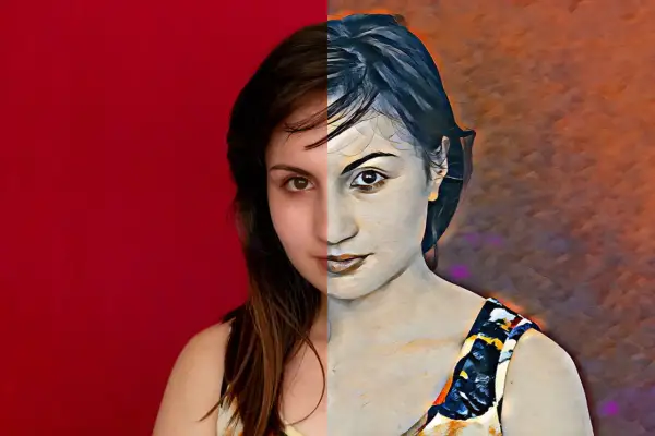 Retrato dividido: mitad real, mitad con filtros neurales de Photoshop, creando un efecto artístico.