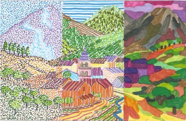 Paisaje dividido en tres secciones: punto, línea y plano. Montañas, pueblo y campos de cultivo con colores vibrantes.