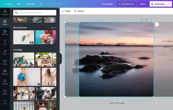 Interfaz de edición de imágenes, se está por recortar parte de una imagen de un paisaje marino al atardecer.