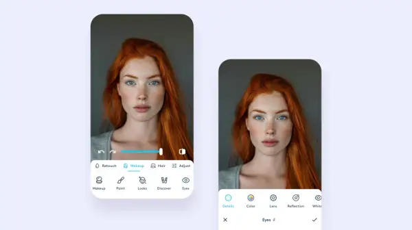 Interfaz de edición de fotos para quitar ojos rojos. Muestra a una mujer pelirroja con ojos azules y pecas.