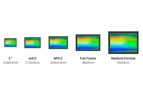 Comparativa de tamaños de sensor: 1", m4/3, APS-C, Full Frame y Medium Format, mostrando sus dimensiones.