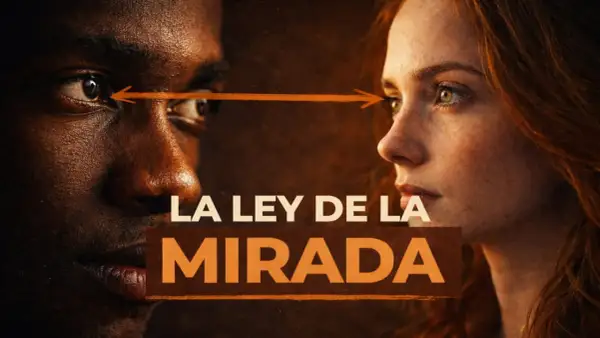 Primeros planos de un hombre y una mujer mirándose, con una flecha naranja que conecta sus ojos, sugiriendo líneas implícitas de conexión y tensión.
