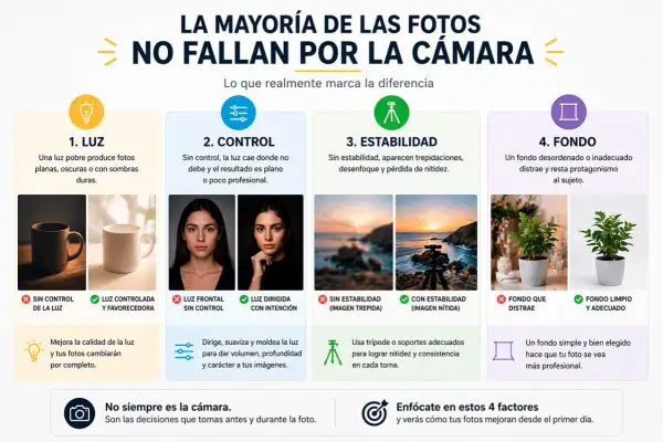 Guía de composición en fotografía: luz, control, estabilidad y fondo. Mejora tus fotos enfocándote en estos 4 factores.