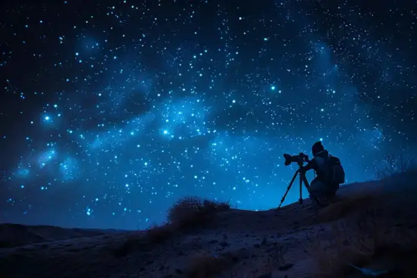 Persona en silueta captura la Vía Láctea en una **fotografía nocturna** desde una colina desértica.