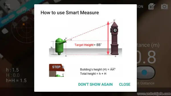 Instrucciones para medir la altura de un edificio usando una app. Un personaje verde apunta a una torre.