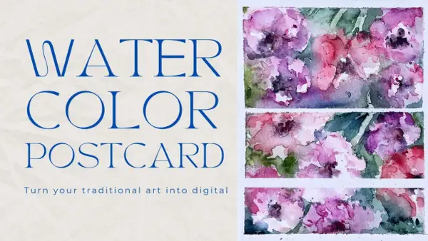 Tarjetas postales con efecto acuarela online. Flores pintadas a mano en tonos rosas y morados, con texto "Watercolor Postcard".