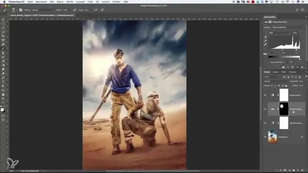 Dos figuras en un paisaje desértico, con una capa de ajuste de Photoshop "Tonwertkorrektur" visible en el panel de capas.