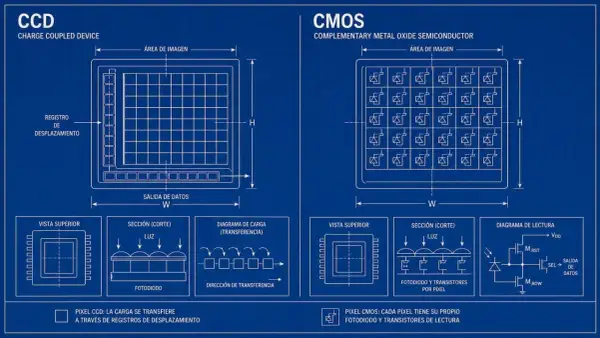 Diagrama comparativo de CCD vs CMOS, mostrando la arquitectura de cada sensor y cómo procesan la luz.